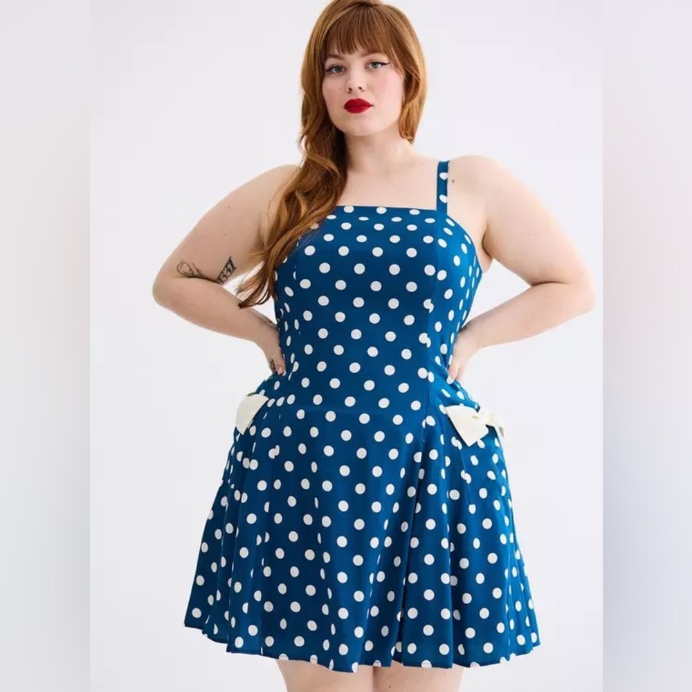 Torrid Retro Chic Blue and White Polka Dot Pinup Bows Fit and Flare Dress